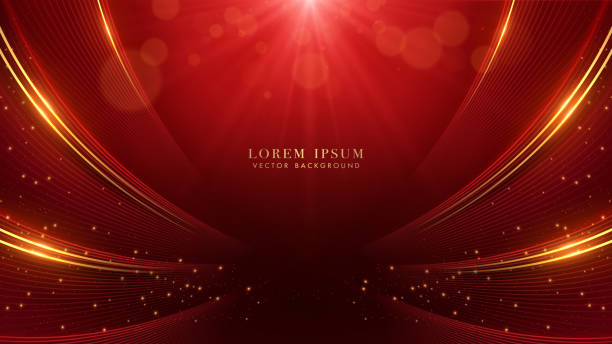 istock Golden and red curve lines with glittering light, light beam effects and bokeh decoration on red background. Luxury style vector design 1498288081
