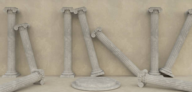 knocking down columns Product montage podium ancient greek columns green old background, object position, 3d rendering, illustration shadows
