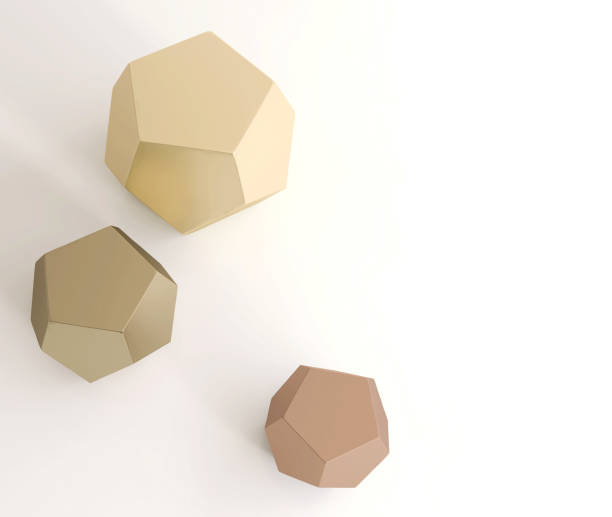 istock Three modern glossy white geometric shape podium table in copper, bronze and gold, pentagon side, on counter 1498289550