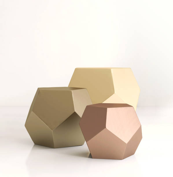 istock Three modern glossy white geometric shape podium table in copper, bronze and gold, pentagon side, on counter 1498289554