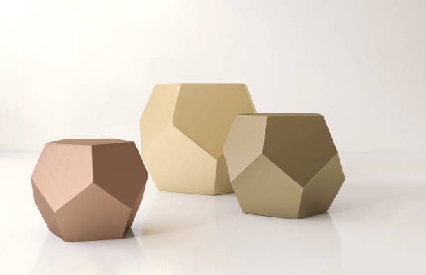 istock Three modern design glossy white geometric shape podium table in copper, bronze and gold, pentagon side, on counter 1498289607