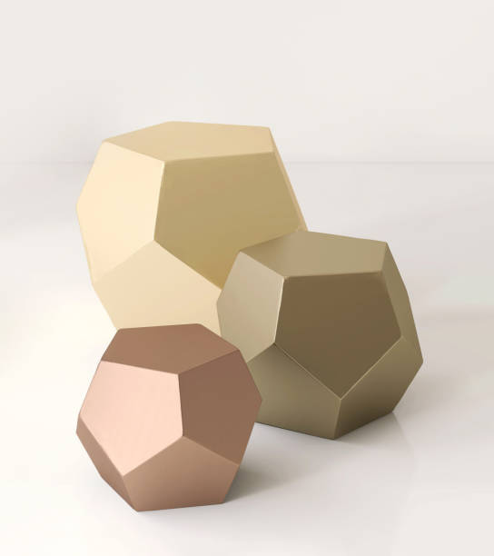istock Three modern design glossy white geometric shape podium table in copper, bronze and gold, pentagon side, on counter 1498289656