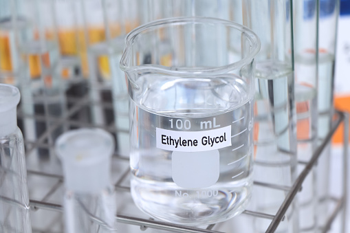 Ethylene Glycol in container, chemical analysis in laboratory, chemical raw materials in industry