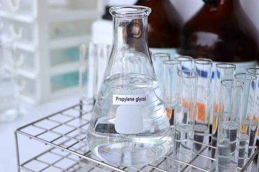 Propylene glycol in container, chemical analysis in laboratory, chemical raw materials in industry