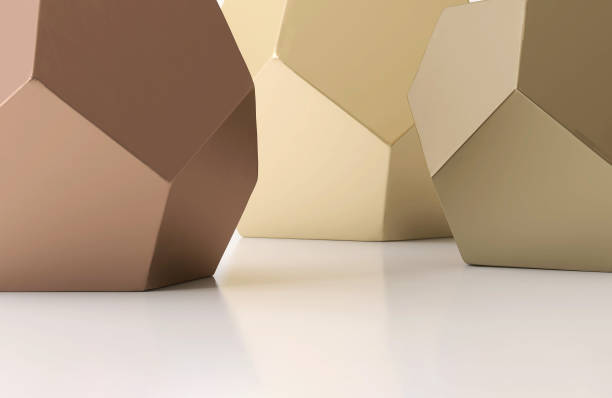 istock White table countertop with copper, bronze and gold glossy geometric shape, pentagon side, studio light 1498290080