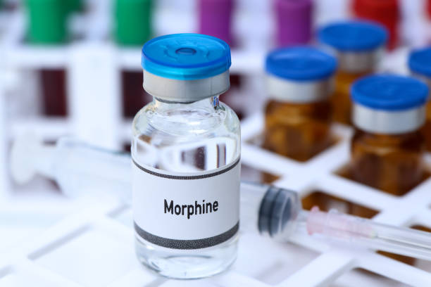 Morphine in a vial, narcotics are dangerous to health Morphine in a vial, narcotics are dangerous to health or brain nervous system morphine drug stock pictures, royalty-free photos & images