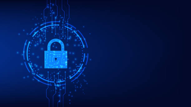 digital padlock with virtual screen on dark background digital padlock with virtual screen on dark background with copy space. cyber security technology for fraud prevention and privacy data network protection concept fraud protection stock illustrations
