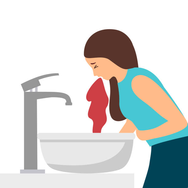 ilustrações, clipart, desenhos animados e ícones de mulher vomitando sangue no projeto plano do lavatório no fundo branco. - the vomiting of blood
