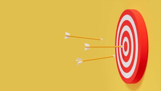 istock Arrows point to target shooting board on yellow stage, achievement and projection theme, 3d 1498293174