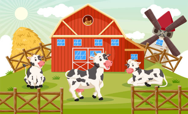 istock Cartoon of happy cows on the farm. Vector illustration 1498293424