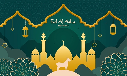 Qurban in Eid Al Adha Mubarak with Mosque, Goat, and Lanterns as Background.