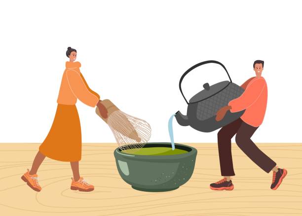 winzige menschen, die matcha-tee zubereiten. winzige frau trägt matcha-bambusbesen, mann gießt tee aus dem wasserkocher in die tasse. japanische getränkevektorillustration isoliert auf weißem hintergrund für teeparty, menü, geschäft. - tea cup tea green tea chinese tea stock-grafiken, -clipart, -cartoons und -symbole