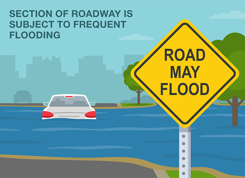 Safe driving tips and traffic regulation rules. Partially submerged car on a flooded road. The section of roadway is subject to frequent flooding. Flat vector illustration template.