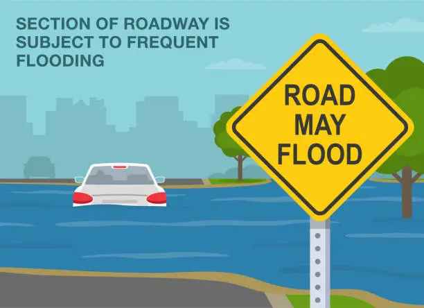 Vector illustration of Safe driving tips and traffic regulation rules. Partially submerged car on a flooded road. The section of roadway is subject to frequent flooding.