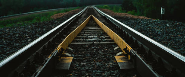 istock Dramatic scenery with railway in perspective and turn. Journey on rail track. Sleepers and rails close-up. Vanishing perspective. Receding lines. Landscape with railroad. Background with copy space. 1498302252