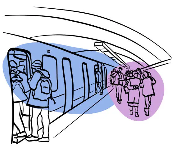 Vector illustration of SubwayStationComingAndGoingSketchColorBluePurple