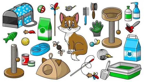 Vector illustration of Set colorful of cartoon cat and goods for pet shop
