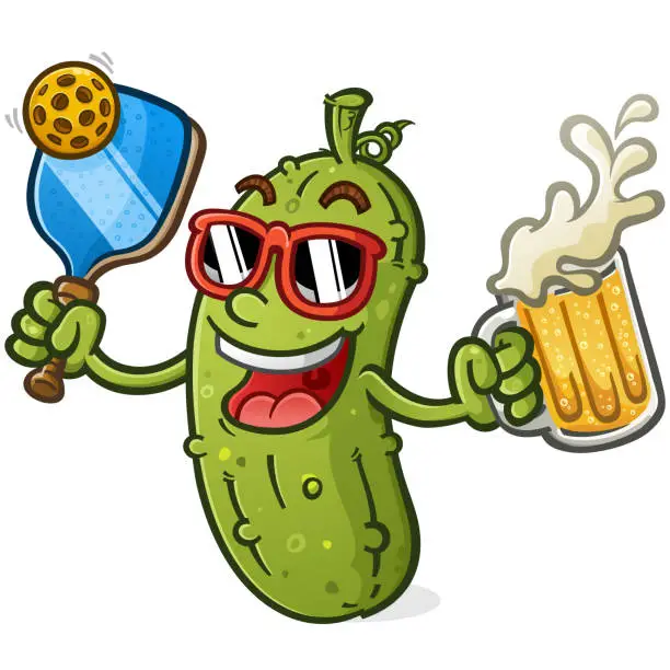 Vector illustration of Pickleball Smiling Beer Sunglasses Cartoon Character