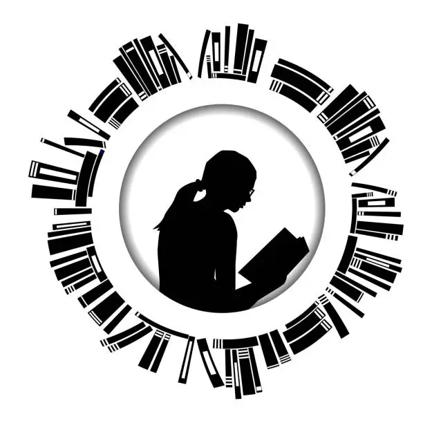 Vector illustration of Round frame with girl reading a book and books around it