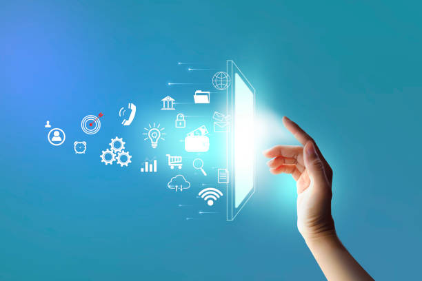 istock Digital marketing network connection concept. Hand touching visual screen and icon customer networking data exchanges. Transparent glass phone 1498307399