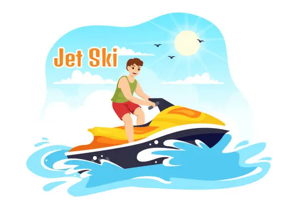 Vector illustration of People Ride Jet Ski Vector Illustration Summer Vacation Recreation, Extreme Water Sports and Resort Beach Activity in Hand Drawn Flat Cartoon Template