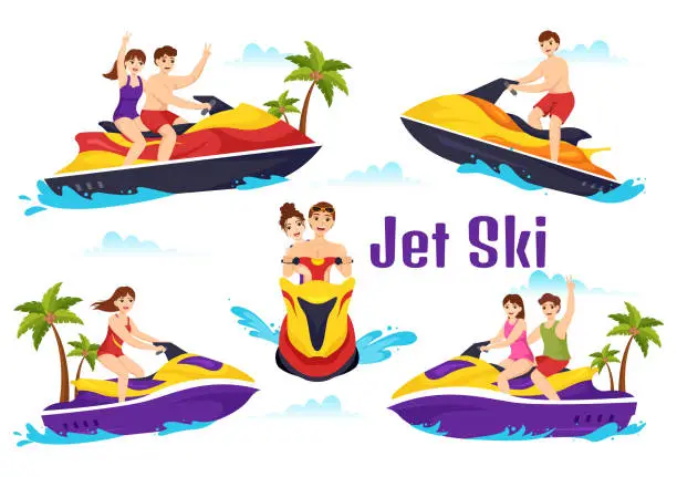 Vector illustration of People Ride Jet Ski Vector Illustration Summer Vacation Recreation, Extreme Water Sports and Resort Beach Activity in Hand Drawn Flat Cartoon Template