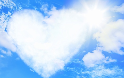 3d illustration of heart shaped clouds floating in blue sky with beautiful nature landscape concept