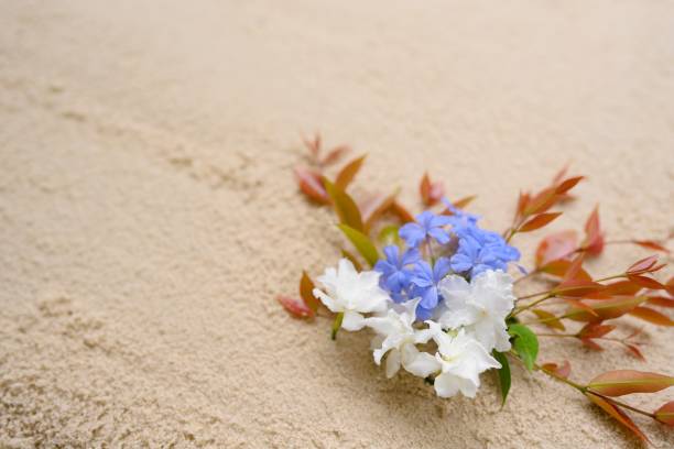 Beautiful flower bouquet on the beach with copy space.