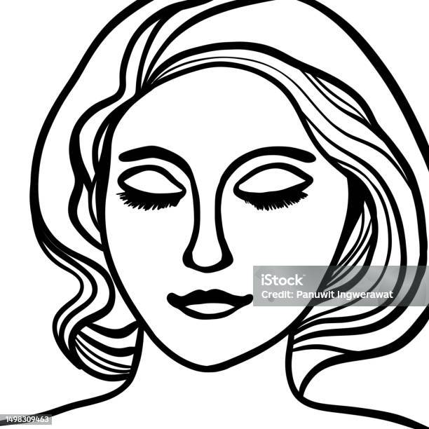 Woman Face Line Art Black And White Tone Minimal Style For Artwork ...