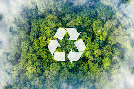 Recycling symbol made from plastic bottles on light green background.