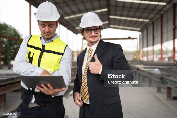 Two Engineer Computer Portrait Two Caucasian Engineer Man Working With Notebook Computer At ...