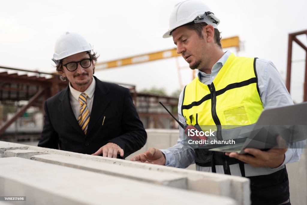 Portrait Two Caucasian Engineer Man Working With Notebook Computer At ...
