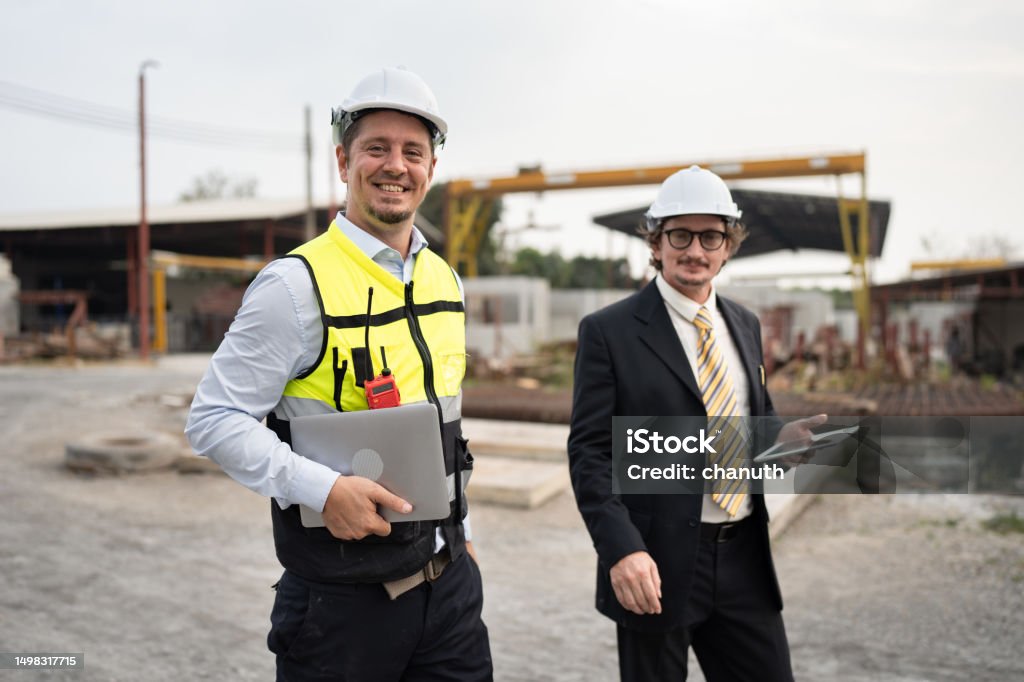 Portrait Two Caucasian Engineer Man Working With Notebook Computer At ...