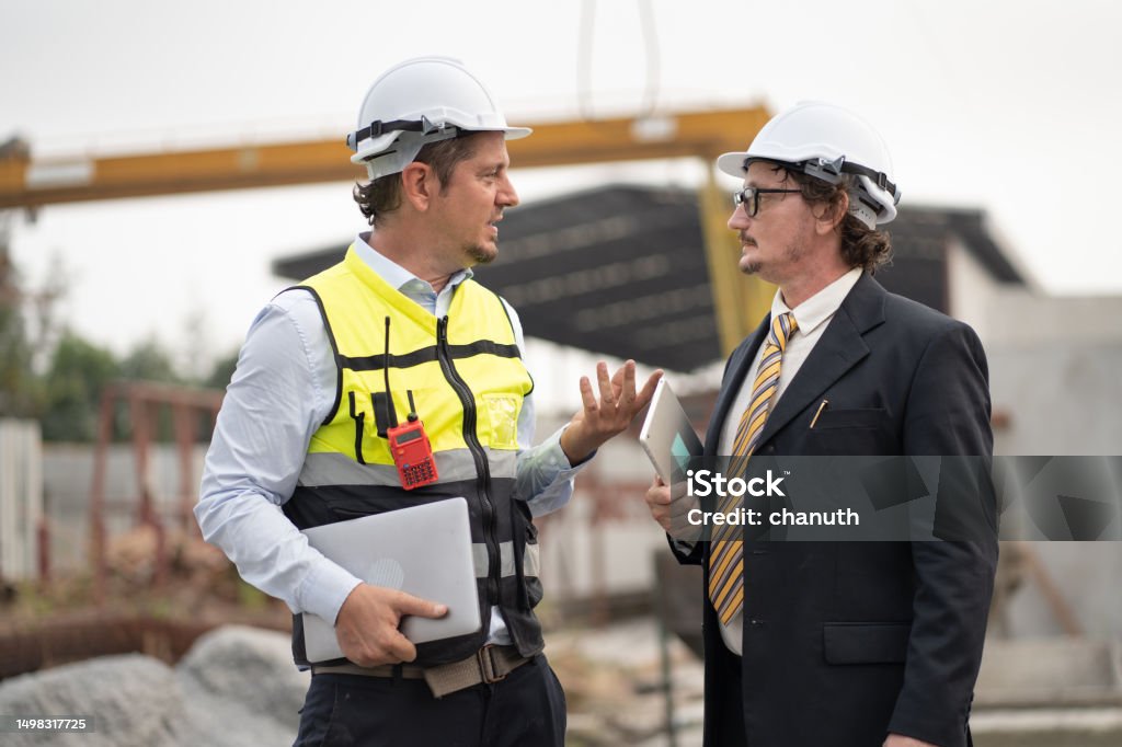 Portrait Two Caucasian Engineer Man Working With Notebook Computer At ...