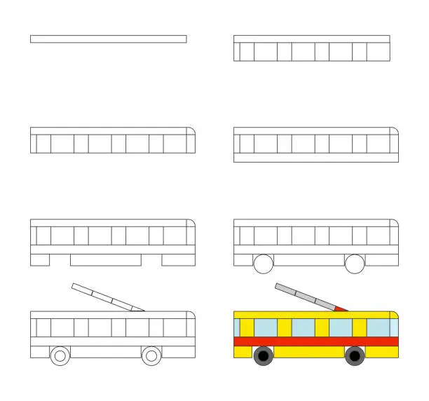 Vector illustration of Worksheet easy guide to drawing trolleybus. Simple step-by-step drawing tutorial for little kids.