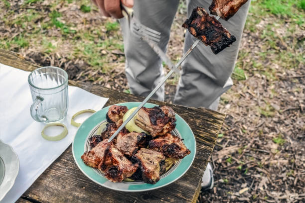 Grilled meat on skewers is stacked on a plate during outdoor recreation