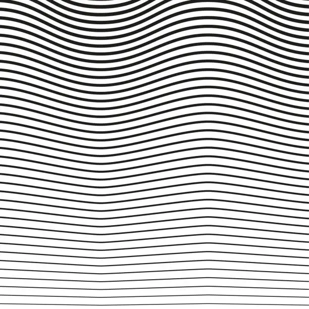 Vector illustration of Horizontal lines, stripes pattern. wavy, curving distortion effect. Bending, warped lines with random thickness. Vector illustration. stock image.