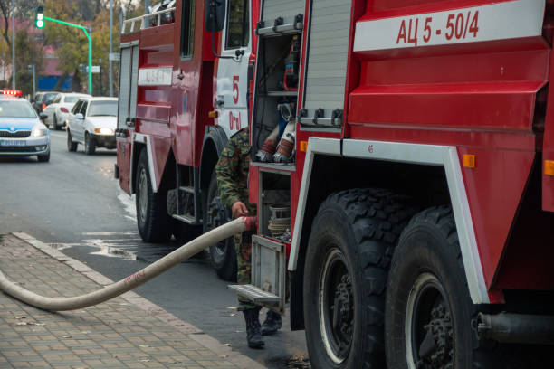 December 13, 2019, Moscow, Russia. A fire service vehicle at the scene of a fire in the industrial quarter.