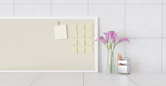 Workspace post it board stationery flowers and sticky notes on a chalkboard Home desk and notepad on white wall Copy space for your information content 3D illustration