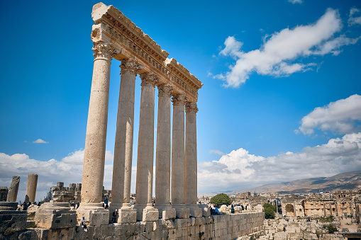 Columns of the Temple of Jupiter, Beqaa valley, Lebanon. Heliopolis temple complex. UNESCO World heritage site