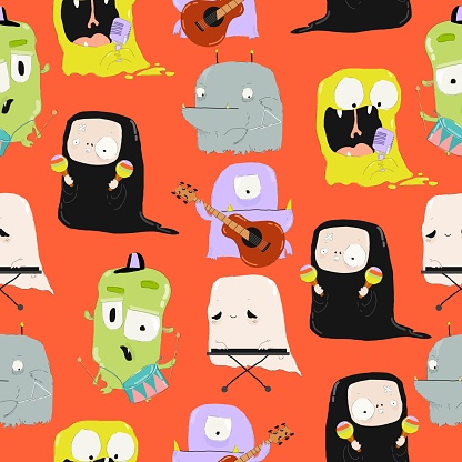 Vector Seamless Pattern with Funny Halloween Monsters Band playing Crazy Music