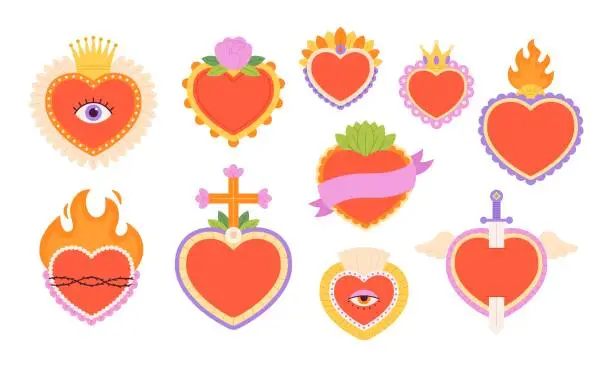 Vector illustration of Heart mexican, sacred charms hearts with wings, ribbon and eyes. Spiritual love design, mexico festive decoration. Racy vector vintage symbols