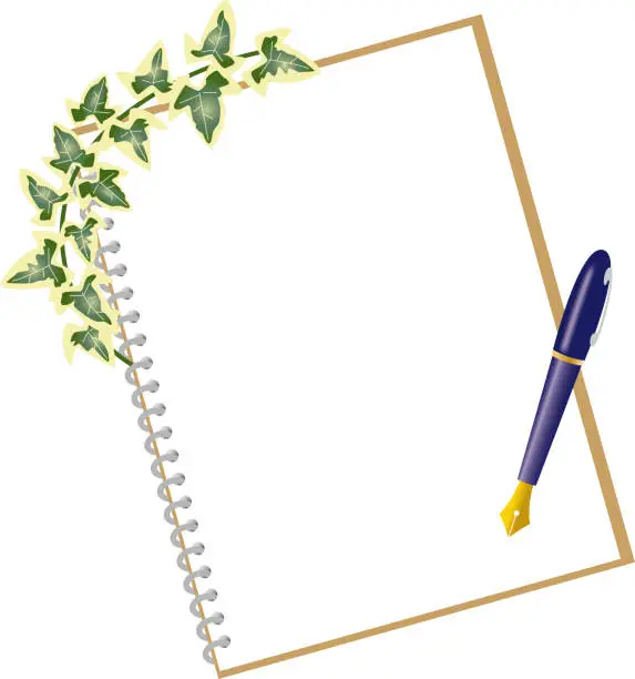 Vector illustration of ring notebook and fountain pen and ivy