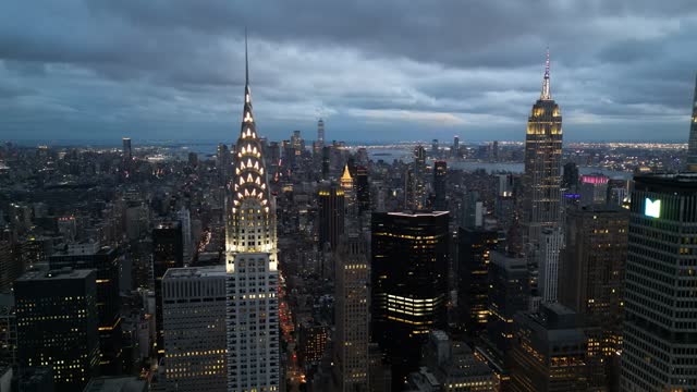 Aerial shot of Chrysler Building and Empire State Building at night, New York