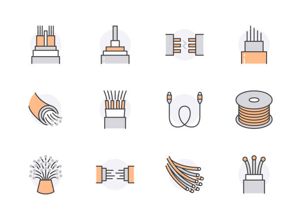 stockillustraties, clipart, cartoons en iconen met optical fiber flat line icons. network connection, computer wire, cable bobbin, data transfer. thin signs for electronics store, internet services. orange color. editable strokes - vezel