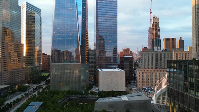 Drone view of One World Trade Center (Freedom Tower) at sunset, New York City