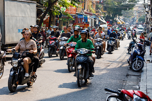 Hanoi, Bac Bo, Vietnam - November 25, 2019: The crazy Traffic of Hanoi in Vietnam
