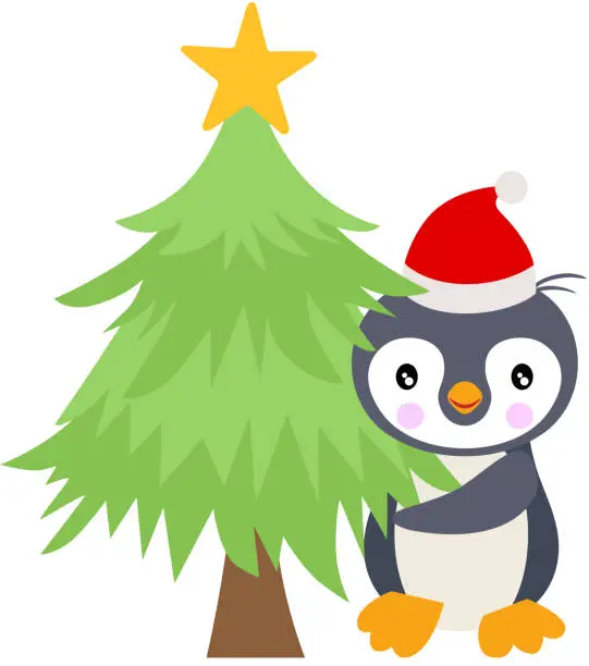 Vector illustration of Holiday penguin with Christmas tree