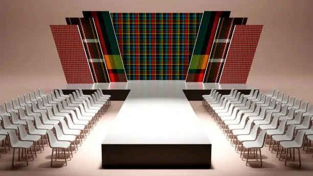 Photo of 3d rendering of catwalk fashion empty runway with modern fabric pattern backdrop, Event and marketing concept