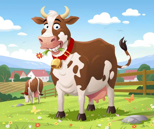 Vector illustration of Happy Cow Grazing On Pasture